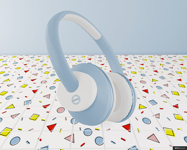 蓝色耳机在彩色的卡通背景素材