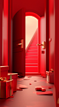 A red door with presents and presents inside it, in the style of modern surrealism, vray tracing, light red and gold, editorial illustrations, grandiose interiors, modernist inspiration, smooth surface