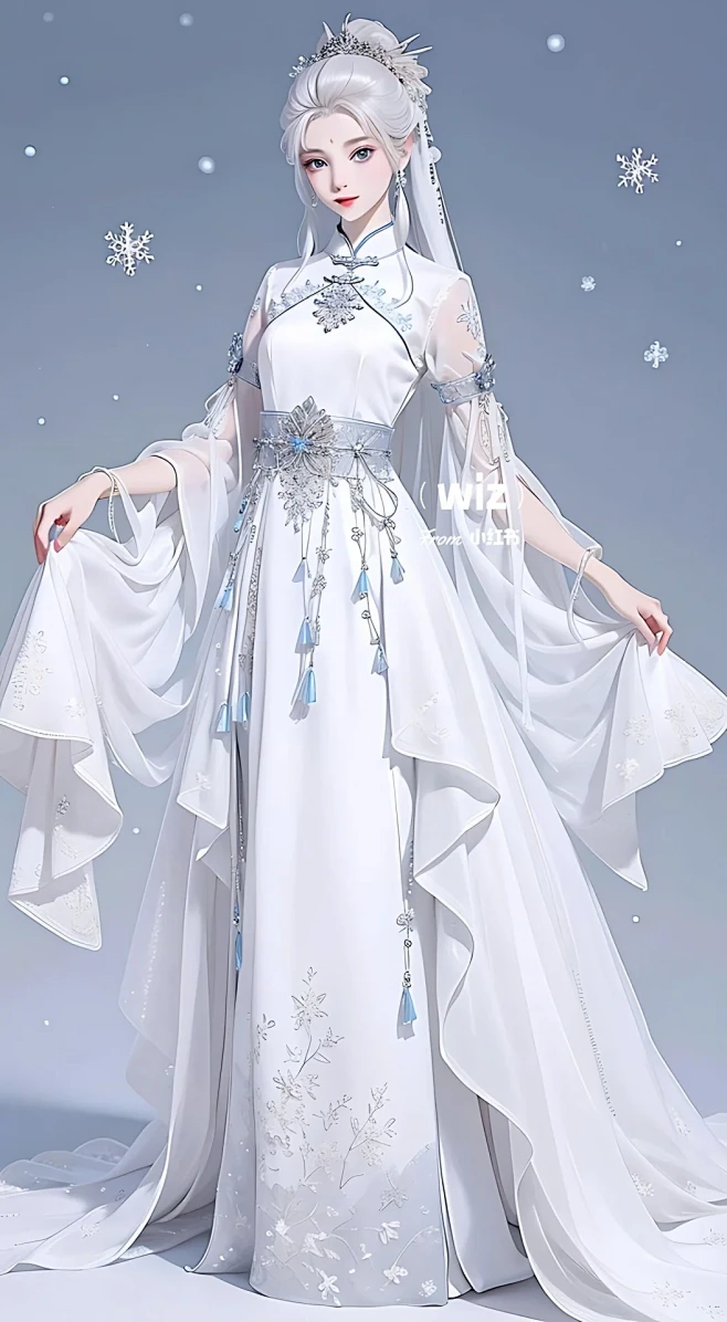 古风汉服中的清冷仙女，穿着银白色的仙女裙，仙气十足。裙摆随风飘动，闪烁着晶莹剔透的光芒，宛如水中倒影动人心魄。 细腻的细节处理，让银白色的仙女 ...