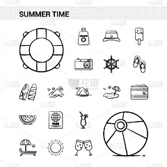 夏天,分离着色,图标集,动物手,时尚,饮料,游泳圈,悉尼,绘制
