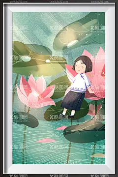 装饰画插画  - 源文件下载【酷图网】卡通,插画,背景,壁画,装饰画,风景画,挂画,海报,手绘,国画,二十四节气,夏至,夏天,屏风,墙纸,壁纸,小孩,荷花荷叶,
