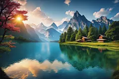 湖面山川插画图片