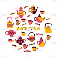 茶元素收藏。手绘插图孤立在白色背景。