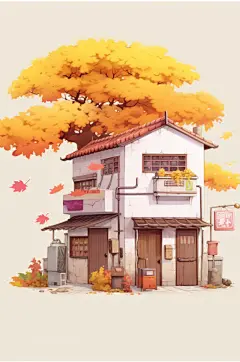 AI数字艺术小卖部落叶手绘建筑秋季插画