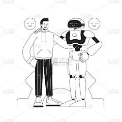 人工智能在日常生活中的黑白概念矢量点画.可编辑2D平面单色卡通人物网页设计。协助为网站、流动服务的创