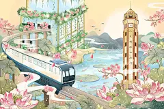 重庆解放碑空中轻轨穿楼城市风光国潮风治愈插画