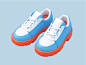 This may contain: a pair of blue and white shoes with orange soles on a light blue background