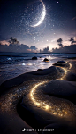 the night sky is lit up with stars and lights on the water's edge