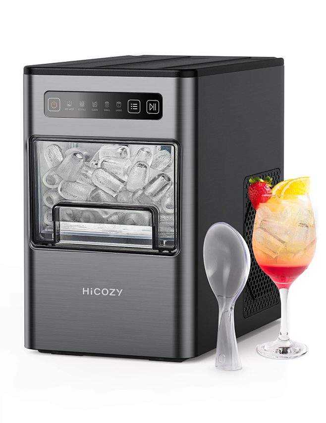 Hicozy 台面制冰机,6 分钟制冰机,2 磅/天,2 个子弹冰块尺寸,便携小巧,自清洁,冰勺和篮子,适用于公寓/橱柜下/厨房/办公室/C ...