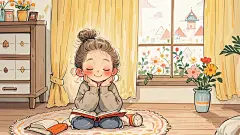手绘感，细腻，一个小女孩坐在卧室里，双手合并，开心的笑着，卧室的窗台上有花，地上有地毯，背后是北京，非常温暖可爱，温暖，柔和的光线，细腻，治愈的画风，高清

[0]
参考角色特征