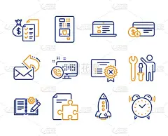 策略，工程文档和Web讲座图标集。Web呼叫，火箭和支付方法标志。向量