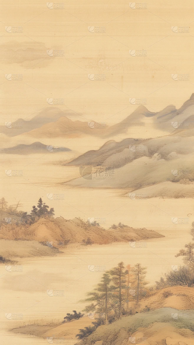 风光系列中式国风山水山川画卷素材-花瓣网