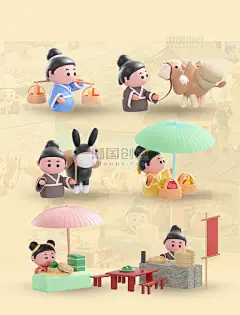 c4d立体卡通清明上河图场景模型图片_潮国创意