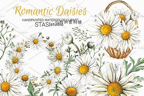 水彩手绘秋天冬天白色雏菊菊花花环花篮PN...