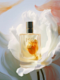 aris perfume bottle with white tulip in front, in the style of sabbas apterus, organic and fluid, golden light, pablo runyan, calm and meditative, petra cortright, contest winner --ar 3:4