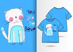 小猫咪手绘可爱T恤印花插画图案矢量图设计素材