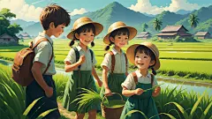 夏季 夏天 炎热 学生 稻田 壁纸 电脑壁纸 风景 插画壁纸 风景壁纸 高清壁纸