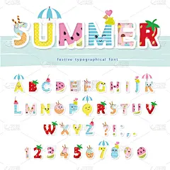 夏天的字体。创意卡通字母和数字。用于海报、横幅、儿童生日、服装设计。