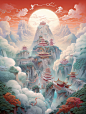 中国艺术，鸟巢，使用迷幻的配色方案，超详细的插图，浅红色和天