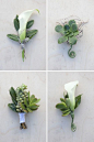 White blooms and green succulents make a masculine boutonnieres! #bouquetblueprint #weddingflowers You can plant the succulents after the wedding!