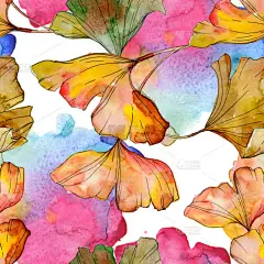 绿色黄色银杏叶植物叶。水彩插图集。水彩画时尚水族馆隔离。无缝的背景模式。织物壁纸打印纹理.