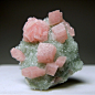 A few small Rhodochrosite rhombs on a matrix partially covered by sparkly Quartz.