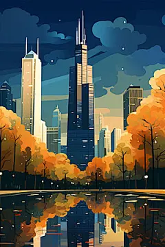 城市剪影手绘高楼大厦插画