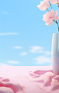 wallpaper with bright pink and blue screenshot 5, in the style of delicately rendered landscapes, hyperrealistic compositions, realistic blue skies, minimalist still life, flattened perspective, romantic illustration, shin hanga