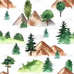 高山和冷杉，松树在白色的背景上。水彩画手绘无缝图案