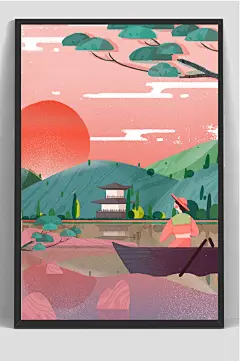红日日式浮世绘手绘插画