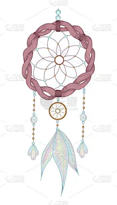手绘矢量插图捕梦网波西米亚印第安人护身符捕梦网。神奇的部落羽毛。
