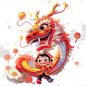 龙年春节通用中国风插画卡通感人物和龙场景人物动物贴纸