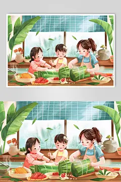AI数字艺术端午节包粽子人物插画