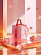red silk handbag, paper pink gift box on a glass surface, romantic rose flowers on the floor, in the style of energy-filled illustrations, rendered in cinema4d, atey ghailan, light pink and light orange, romantic illustrations, overlapping shapes, metalli