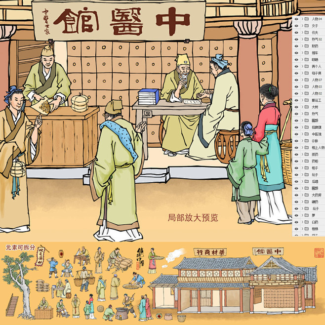 药铺药店 中医养生 大药堂 养生堂 中成药 炮制流程图 药材加工工艺图 中草药 手绘插画 壁画挂画 中医馆装饰画 古代集市街市 中药包装设计 ...