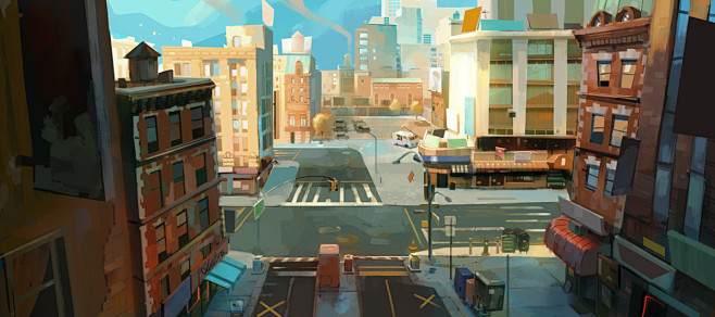 {插画系列}卡通现代城市，机械场景（插画...