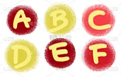一组A、B、C、D、E、F字母，用红、黄圈标出。丰富多彩的设计元素，图案，请柬，印刷品，贺卡，贴纸，