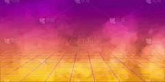 3D渲染，背景复古1980，黄色和紫色梯度，白色网格和烟雾。
