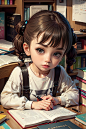1 girl, (fine fingers), solo, book, interior, brown eyes, looking at books, bookshelf, little girl hair Style, sitting, chair, holding, crushed doll shirt, bangs, dark hair, pencil, closed mouth, paper, brown hair, pen, upper body, desk, picture frame, bo