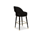 COLLINS | BAR CHAIR : Collins is a crescent open back bar chair designed with sleek mid-century modern lines. It has glamorous glossy black legs, accented by polished brass details, especially in the bottom legs, and is upholstered in velvet. A luxurious 