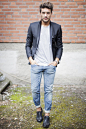 Hairstyle, blazer, t-shirt and denim