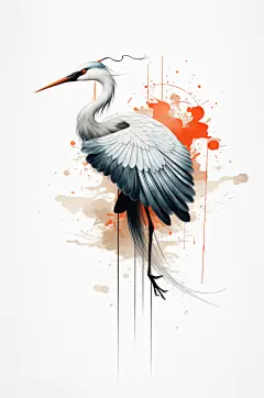AI数字艺术中国风水墨仙鹤丹顶鹤手绘插画