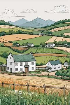 农村房屋田地风景插画