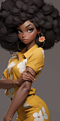 Afro Woman, dynamic pose, anime waifu(20-years-old)-hot-babe-flirty-bodylanguage, fit-thick-build, gorgeous perfect face, in the style of realistic and hyper - detailed renderings, kawaii, zbrush, hyper - realistic oil, contoured shading