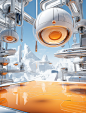 computer game art for video games, in the style of light orange and silver, commercial imagery, architectural focus, suspended/hanging, panoramic scale, light white and gold, ricoh r1