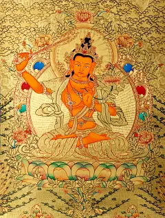 尼泊尔藏族喇嘛纯手绘纯黄金真金箔唐卡画文殊菩萨
