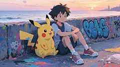 皮卡丘 小智 海边 涂鸦墙 动漫电脑壁纸