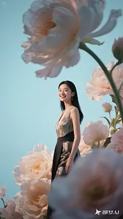 人像摄影 商业人物在巨大的花中间甜美优雅 贵气   女生   穿着时尚的服饰 画面有冲击感 模特 微笑 坚定 纯色背景 明亮 面光，侧面光  层次 前景虚化效果 大光圈拍摄 主要展示人物 