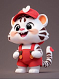 a small toy tiger wearing overalls and a baseball cap is standing in front of a beige background