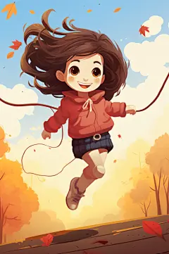 AI数字艺术卡通跳绳的小女孩插画-众图网